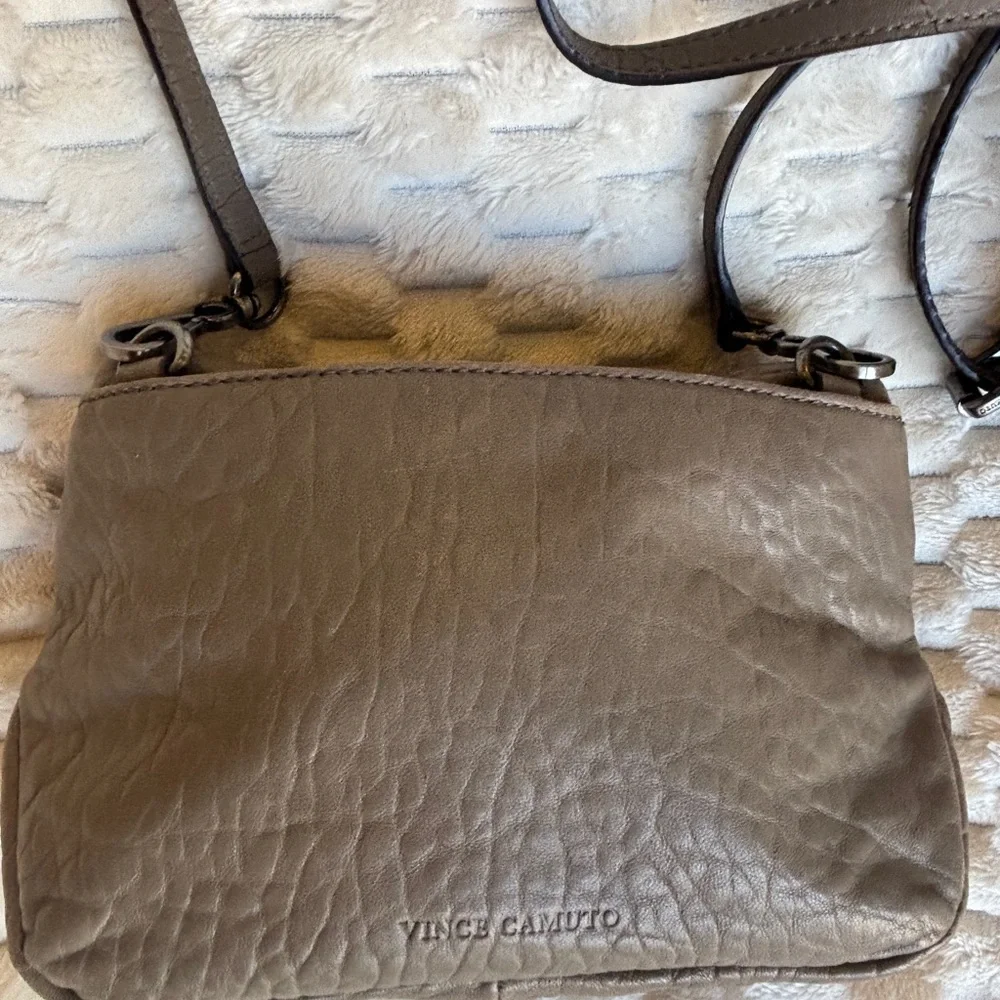 Vince Camuto Taupe Pebbled Leather Crossbody Flap Bag Gunmetal Frame
